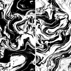 May include: Abstract black and white marbled pattern with swirling lines and shapes. The pattern is reminiscent of liquid paint or ink.