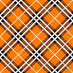 May include: A seamless pattern of orange and black plaid with white stripes. The pattern is repeated throughout the image.