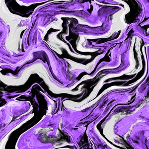 May include: Abstract digital art featuring swirling patterns in shades of purple, black, and white. The colours blend together to create a dynamic and eye-catching design.