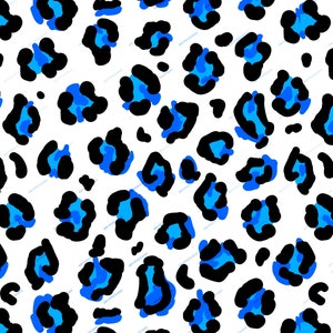 May include: A seamless pattern of blue and black leopard spots on a white background.