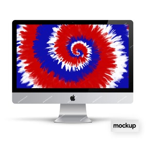 Pu&ograve; includere: Un monitor per computer che mostra un motivo tie-dye rosso, bianco e blu. Il monitor &egrave; argentato e ha una cornice nera. La parola "mockup" &egrave; scritta in bianco su un rettangolo nero nell'angolo in basso a destra dell'immagine.