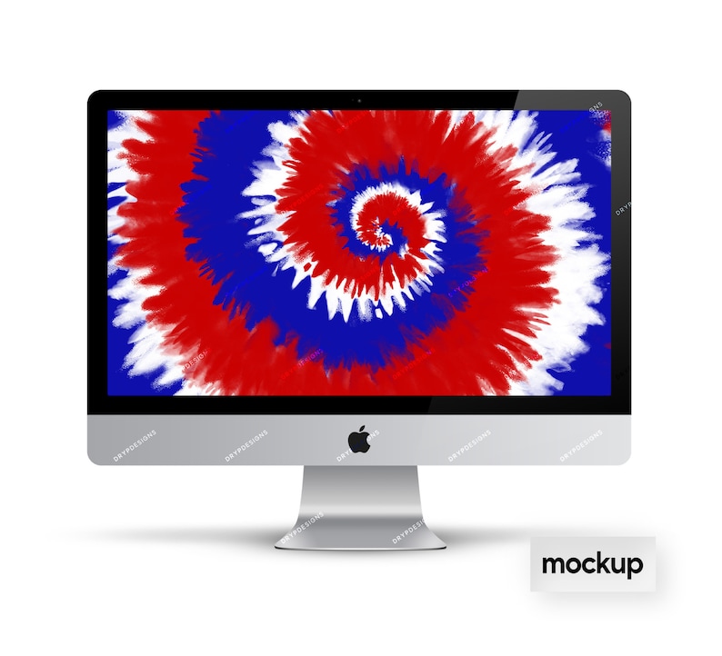 Pu&ograve; includere: Un monitor per computer che mostra un motivo tie-dye rosso, bianco e blu. Il monitor &egrave; argentato e ha una cornice nera. La parola "mockup" &egrave; scritta in bianco su un rettangolo nero nell'angolo in basso a destra dell'immagine.