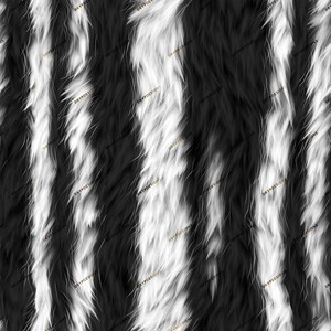 May include: Black and white faux fur fabric with a striped pattern. The fur is long and fluffy, creating a soft and luxurious look.