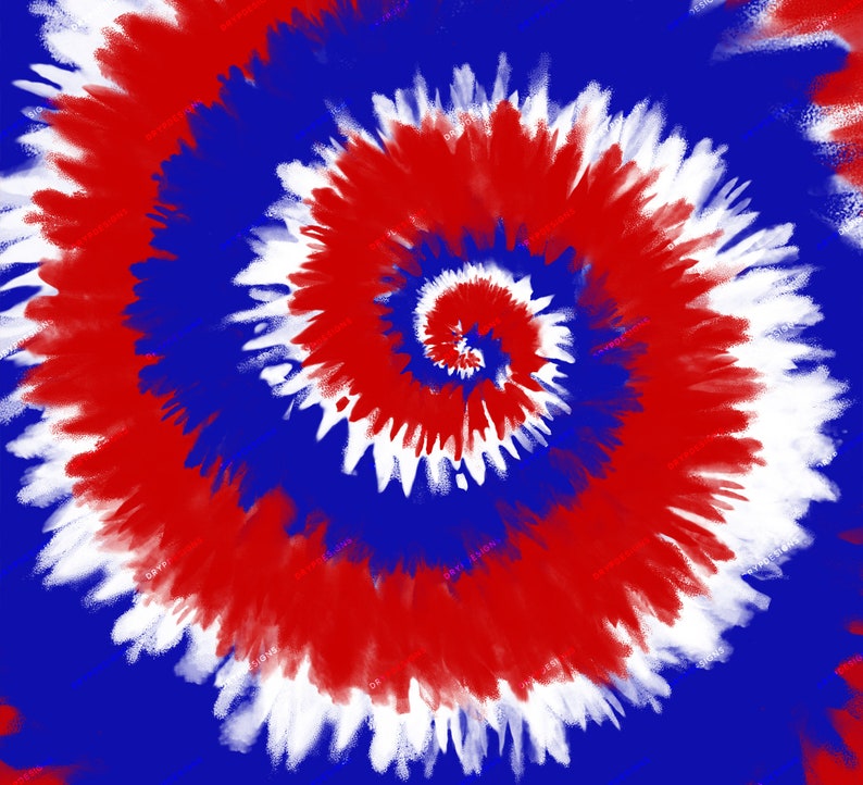 Pu&ograve; includere: Un motivo tie-dye rosso, bianco e blu con un design a spirale. I colori sono vivaci e il motivo &egrave; astratto.