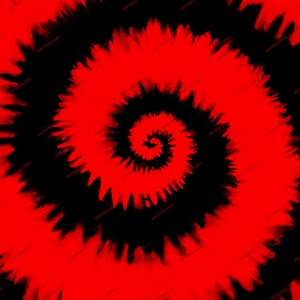 May include: A red and black tie-dye pattern with a spiral design. The background is red and the spiral is black.