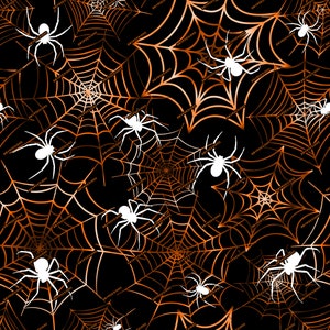 May include: A seamless pattern featuring white spiders on a black background with orange spiderwebs.