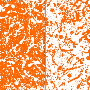 May include: Two seamless patterns with white paint splatters on a background of orange and white. The patterns are perfect for use in digital scrapbooking, card making, and other craft projects.