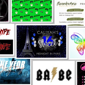 May include: A collage of images featuring various designs and text. The top left image features a pink and black graphic with the text "SPOSAL", "DEBRIS", "ONS", "ANCES", "NTALS", "SPONDERS DISCOUNTS", and "MORE!" The top right image features a green background with a repeating pattern of a black and green video game controller and the text "JAXSON". The bottom left image features a black and white graphic with the text "ALL THE HYPE" in red. The bottom right image features a black and white graphic with the text "BABE" in black with a gold lightning bolt in between the letters.
