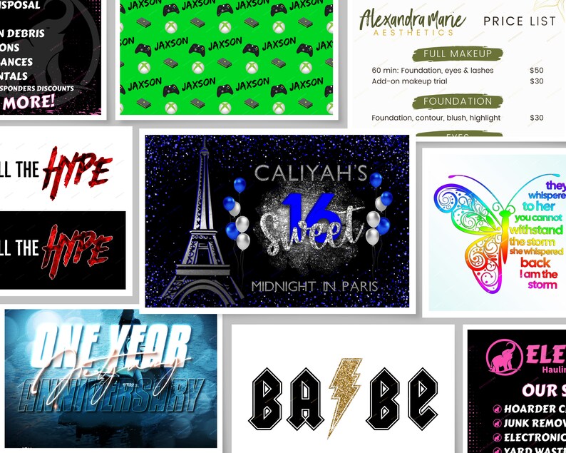 May include: A collage of images featuring various designs and text. The top left image features a pink and black graphic with the text "SPOSAL", "DEBRIS", "ONS", "ANCES", "NTALS", "SPONDERS DISCOUNTS", and "MORE!" The top right image features a green background with a repeating pattern of a black and green video game controller and the text "JAXSON". The bottom left image features a black and white graphic with the text "ALL THE HYPE" in red. The bottom right image features a black and white graphic with the text "BABE" in black with a gold lightning bolt in between the letters.