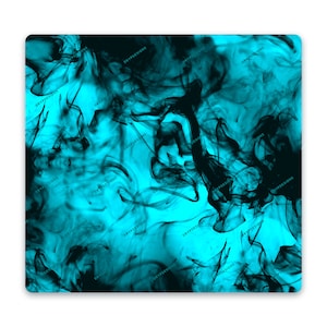 May include: Abstract digital art featuring swirling black smoke on a bright turquoise background.