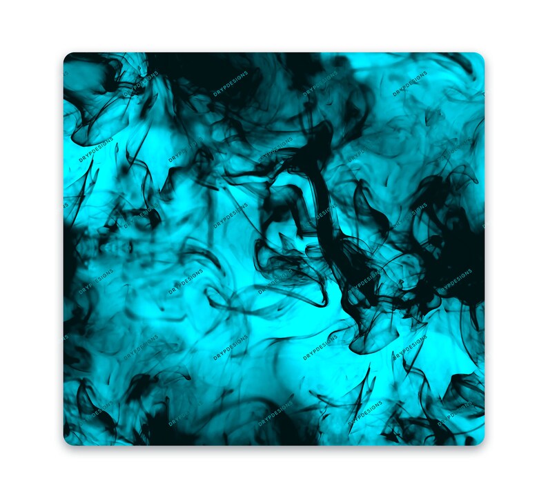 May include: Abstract digital art featuring swirling black smoke on a bright turquoise background.
