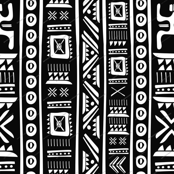 Black + White Aztec Tribal Seamless Pattern - Monochrome Tribal Design Digital Paper Background - Digital Download Files