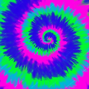 May include: A colorful tie-dye pattern in shades of blue, green, and pink. The pattern is a spiral design with a white center.
