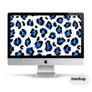 May include: A computer monitor mockup with a white background and a blue and black leopard print design.