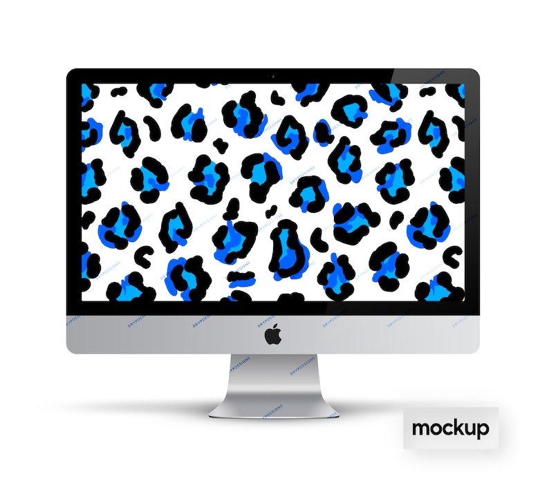 May include: A computer monitor mockup with a white background and a blue and black leopard print design.