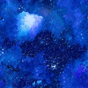 以下が含まれることがあります： 白と紫のアクセントのある青の色合いの抽象的な水彩画。絵は、星空のような質感のある斑点のある外観をしています。
