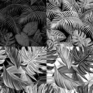 Schwarz + Weiß Tropical Plants Seamless Digital Paper Background Pattern - Monotone Blätter Wallpaper PNG Digital Download Files