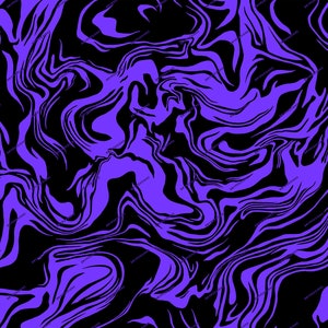 May include: Abstract pattern featuring swirling, fluid lines in vibrant purple against a black background. The design has a marbled or liquid effect, creating a dynamic and visually engaging texture. The repeating pattern is suitable for various applications.