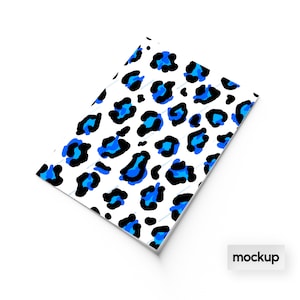 May include: A white background with a blue and black leopard print pattern. The print is a repeating pattern of blue leopard spots on a white background.