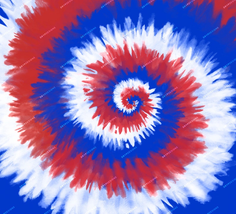 Pu&ograve; includere: Motivo tie-dye rosso, bianco e blu con un design a spirale. Lo sfondo &egrave; blu tinta unita.