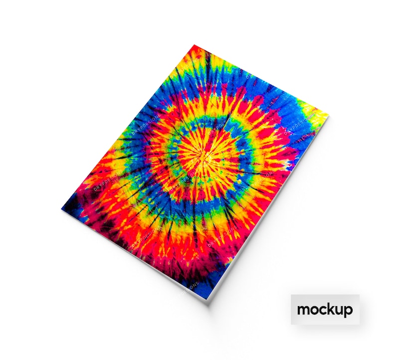 May include: A colorful tie-dye pattern in shades of red, yellow, blue, and black. The pattern is a circular design with a central point.