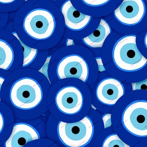May include: A close-up of a pattern of blue and white evil eye charms. The charms are arranged in a random pattern and overlap each other. The charms are all the same size and shape, and they have a white circle in the center with a black dot in the middle.
