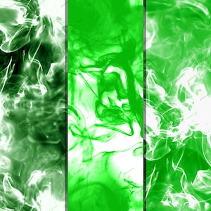 May include: Abstract background with three vertical sections of green smoke on a white background.