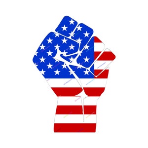 Op de afbeelding: Een gebalde vuist met het ontwerp van de Amerikaanse vlag. De vuist is gebald en de duim wijst omhoog. De vlag is rood, wit en blauw met witte sterren op een blauwe achtergrond.