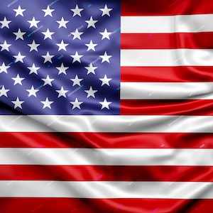 May include: A close-up of a waving American flag with red and white stripes and a field of blue with white stars. The flag is made of a soft, silky material.