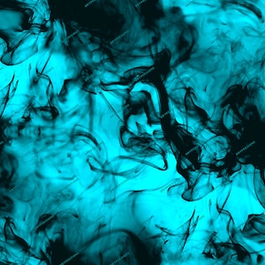 May include: Abstract digital art featuring swirling black smoke on a bright turquoise background.