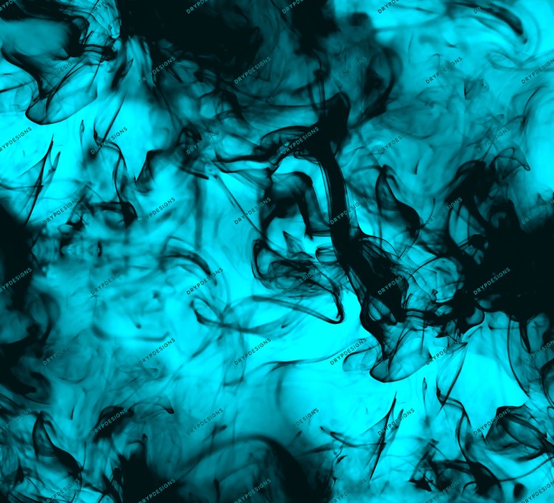 May include: Abstract digital art featuring swirling black smoke on a bright turquoise background.