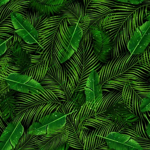 May include: A seamless pattern of lush green tropical leaves with a subtle sparkle effect. The leaves are arranged in a random pattern, creating a sense of depth and texture.