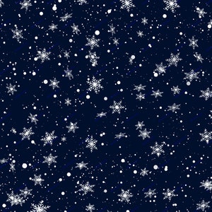 May include: A seamless pattern of white snowflakes on a dark blue background. The snowflakes are of varying sizes and are scattered randomly across the background.