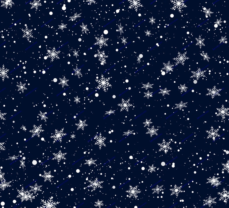 May include: A seamless pattern of white snowflakes on a dark blue background. The snowflakes are of varying sizes and are scattered randomly across the background.