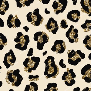 May include: A seamless pattern featuring black leopard spots with gold glitter accents on a cream background.