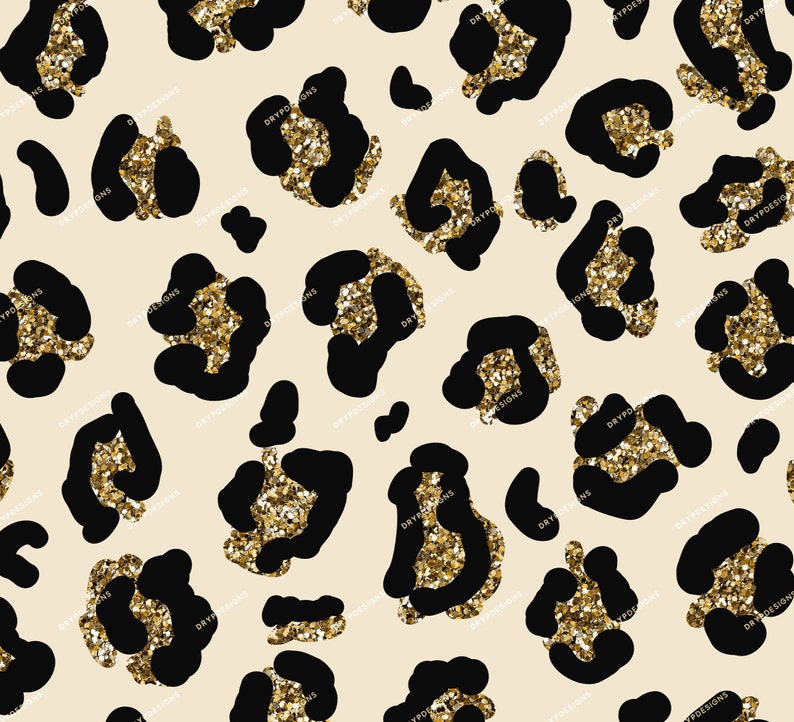 May include: A seamless pattern featuring black leopard spots with gold glitter accents on a cream background.
