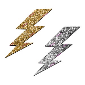 Könnte beinhalten: Zwei glitzernde Blitzformen, eine goldene und eine silberne.