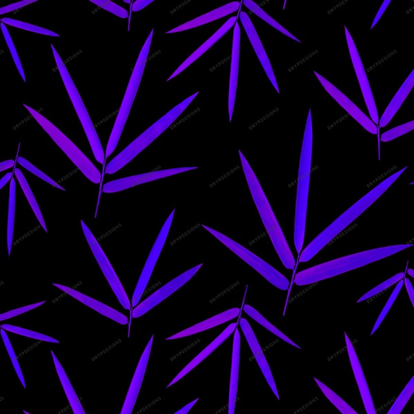 Seamless Bamboo Leaves Background Pattern Overlay - Black + Purple Neon Bamboo Digital Paper PNG - Digital Download File