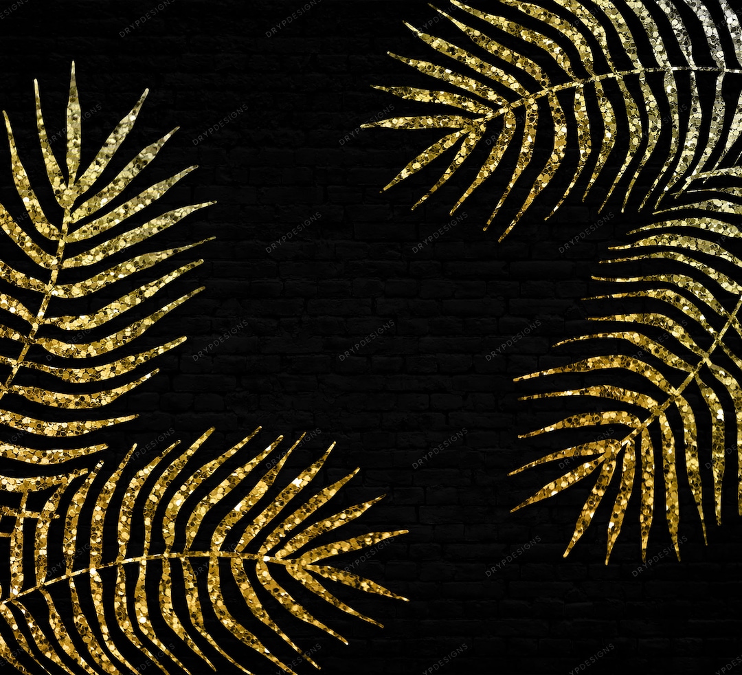 Black Gold Glitter Palm Leaf PNG Dark and Bold Digital Paper Background