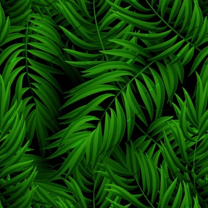 Puede incluir: Un patrón sin costuras de hojas de palma verde oscuro sobre un fondo negro. Las hojas están dispuestas en un patrón aleatorio, creando una sensación tropical.
