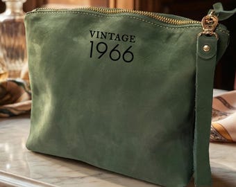 Personalized Leather Makeup Bag, Vintage 1966 60th Birthday Gift,Mothers Day Gift