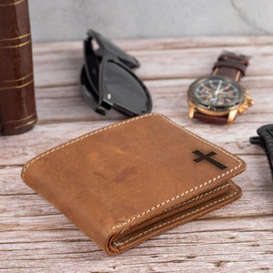 Customized Cross Design Wallet for Him, Custom Dad Gift, Leather Handmade Wallet for Men, Gift for Priest, Christian Gift, Dad birthday Gift