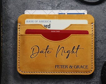 Date Night, Men Date Night Box, Named Date Night Gifts, Personalized Leather Card Holder,Custom Slim Pocket Wallet,Father's Day Gift for Him