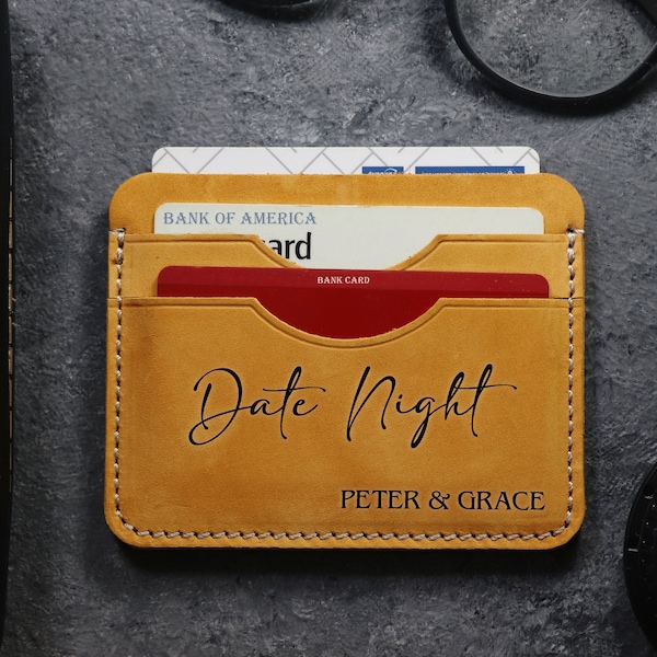 Date Night, Men Date Night Box, Named Date Night Gifts, Personalized Leather Card Holder,Custom Slim Pocket Wallet,Father's Day Gift for Him