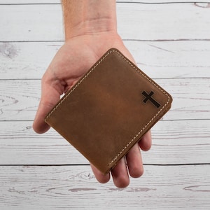 Custom Unique Gift for Christian Men Boss, Genuine Leather Wallet, Personalized dad wallet, Men Wallet, Engraved Wallet, Cross Gift for men