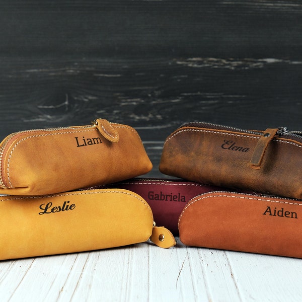 Monogrammed Pen Pouch, Personalized Buffalo Leather Pencil Case, Unique Gift Idea, Handmade Gift Ideas for Artist Architect Student Coworker