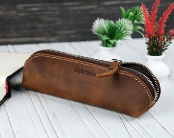 Personalized Leather Pencil Case, Genuine Leather Pen Holder, Christmas Gift