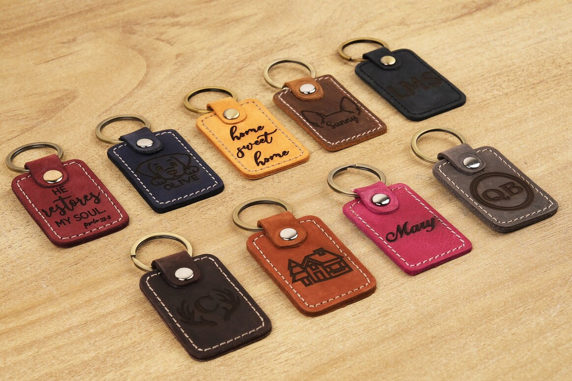 Custom Logo Engraved Leather Keychain, Handmade Personalized Key Holder ...