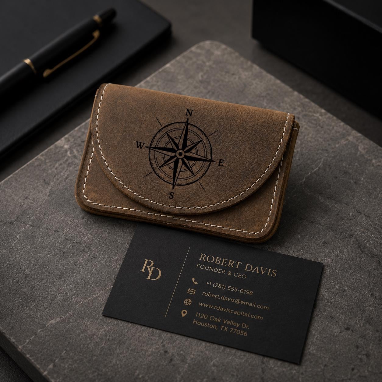 Custom Business Card Case, Engraved Leather Card Case with Magnet