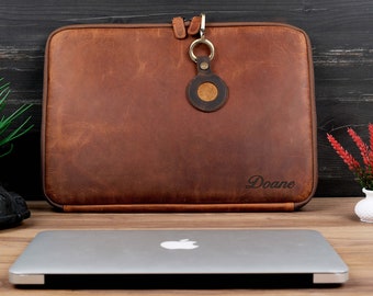 Protective Laptop Case Set with Airtag Holder, Personalized Leather Sleeve for MacBook 13",FATHER'S DAY GIFT,Corporate Office Gift,Men Gift